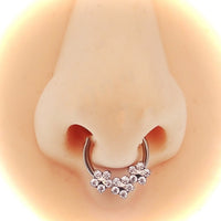Flower titanium hinged clicker earring in 10mm size, 16g gauge, by Body Clickers, with detailed flower design and smooth hinge.