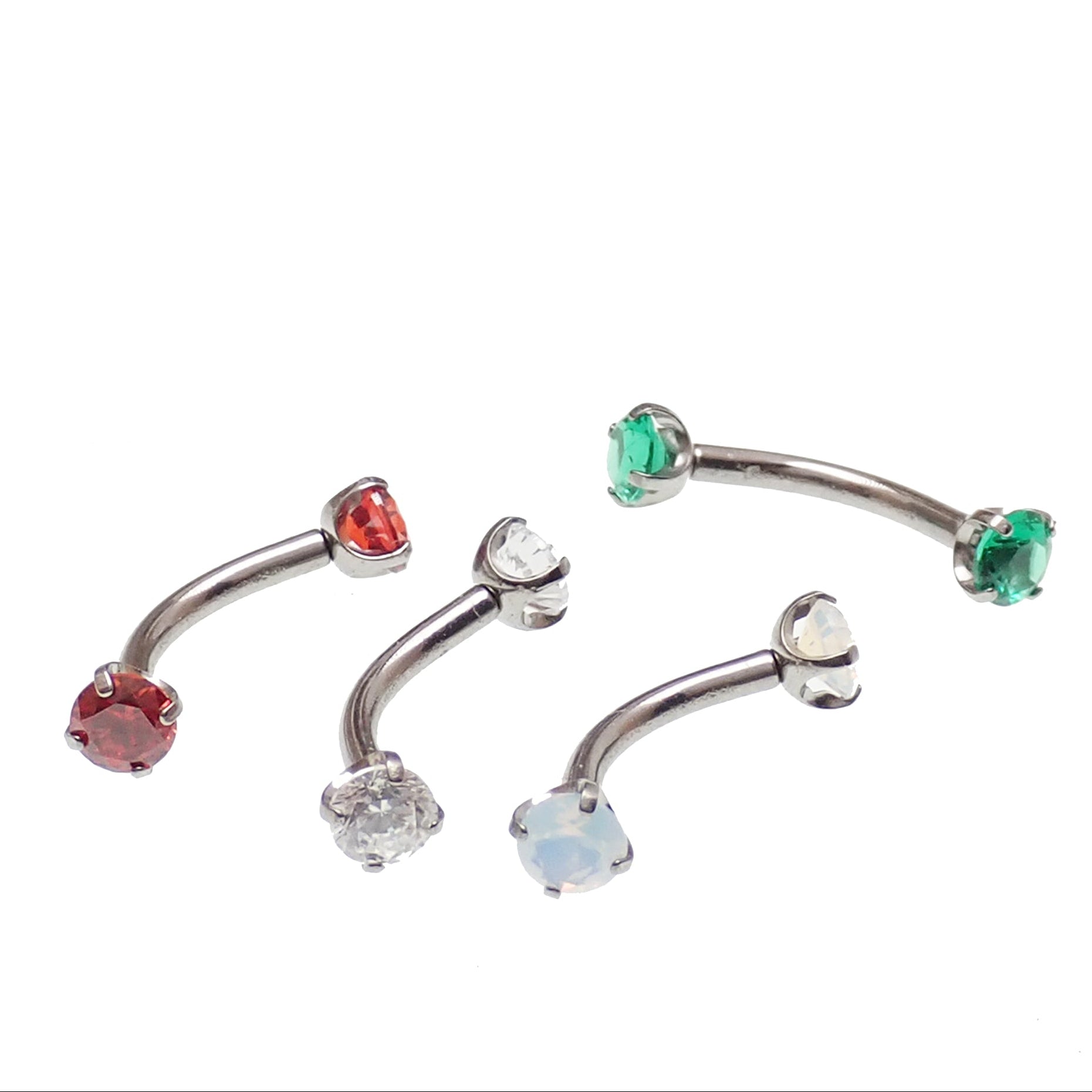 Titanium Curve Barbell with CZ stones in 14g, 16g, 18g from Body Clickers, featuring 3mm sparkling stones.