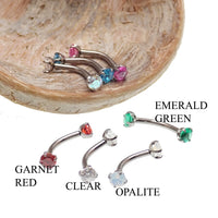Body Clickers titanium curve barbell with 3mm stones in 14g, 16g, and 18g sizes, featuring a push-fit design and curved shape.