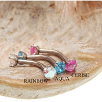Titanium curve barbell with cubic zirconia stones in 14g, 16g, 18g sizes from Body Clickers, featuring a sleek curved design.