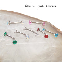 Body Clickers titanium curve barbell with CZ push-fit design, available in 14g, 16g, and 18g with 3mm stones.