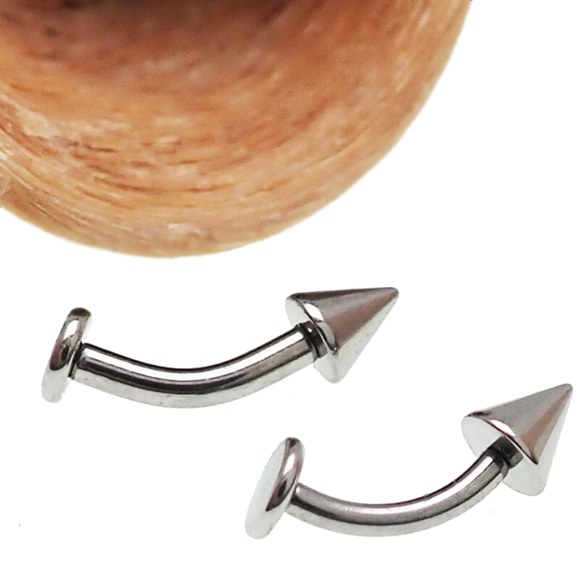 Internally threaded titanium curve barbell with spike cone and flat disc, 16g and 14g sizes, by Body Clickers.