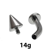 Internally threaded titanium curve barbell with spike cone and flat disc, 16g and 14g, by Body Clickers.