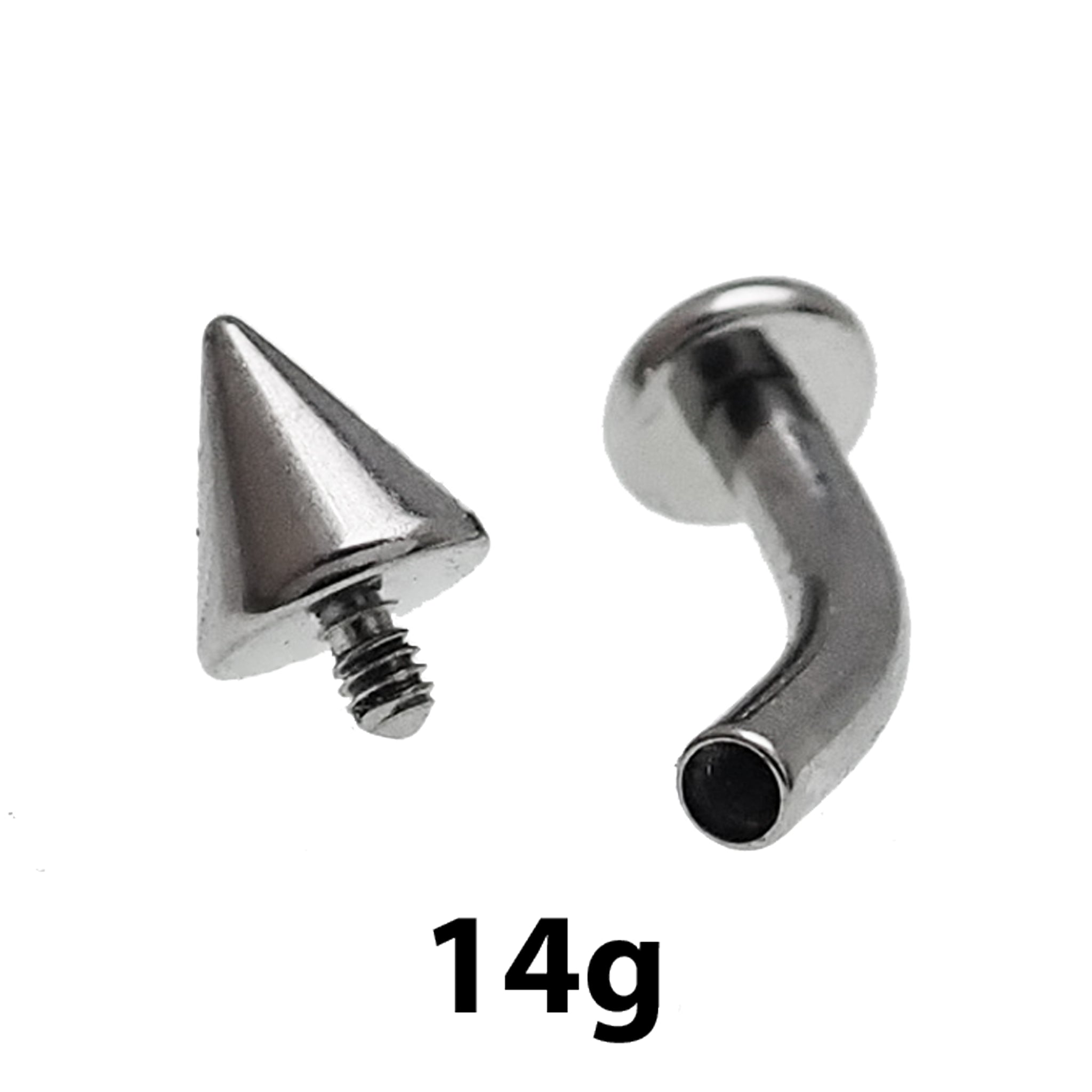 Internally threaded titanium curve barbell with spike cone and flat disc, 16g and 14g, by Body Clickers.