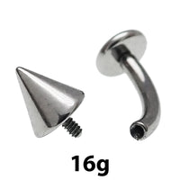 Internally threaded titanium curve barbell with spike cone and flat disc, available in 16g and 14g, by Body Clickers