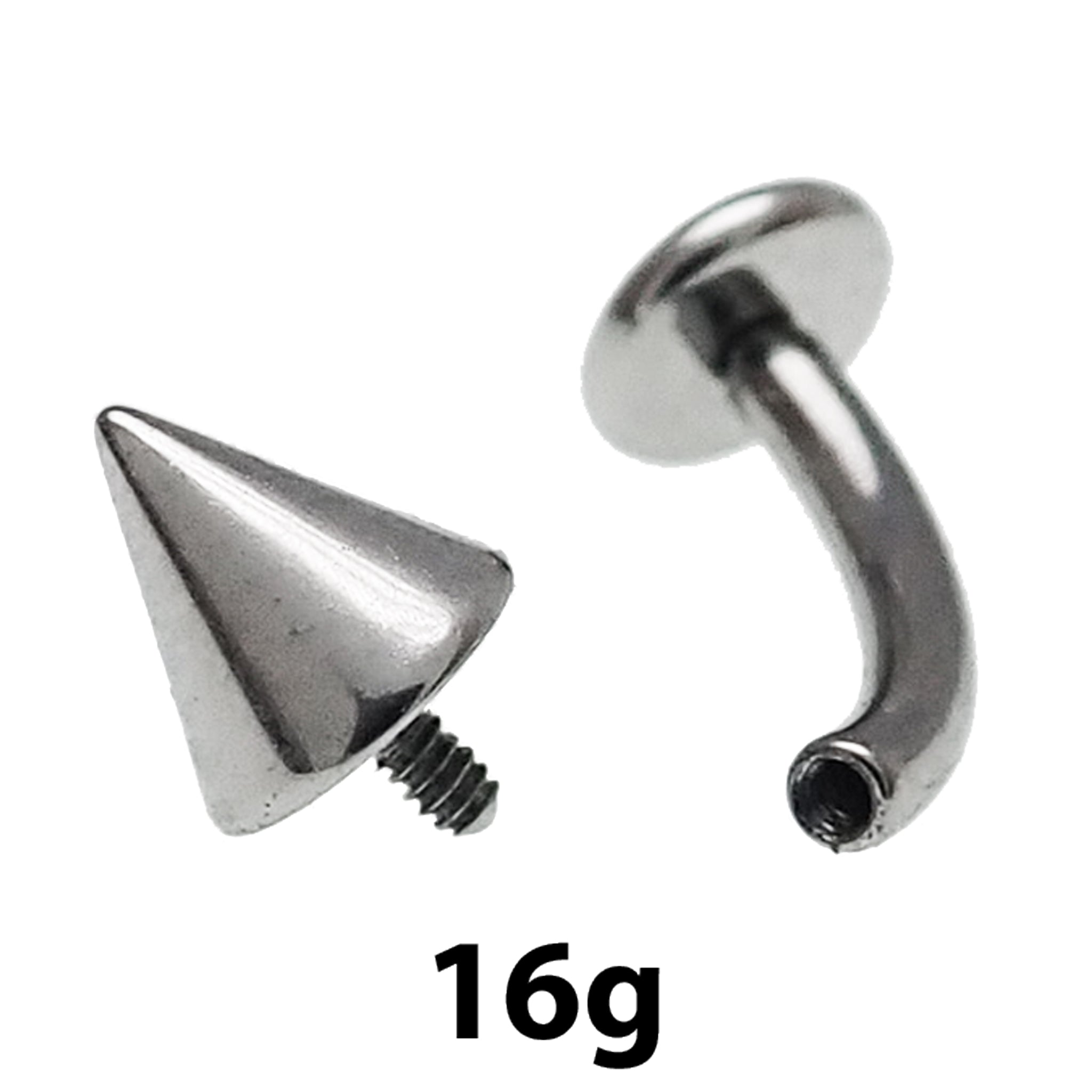 Internally threaded titanium curve barbell with spike cone and flat disc, available in 16g and 14g, by Body Clickers