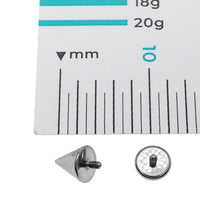 Internally threaded titanium curve barbell with spike cone and flat disc, 16g and 14g sizes, by Body Clickers.