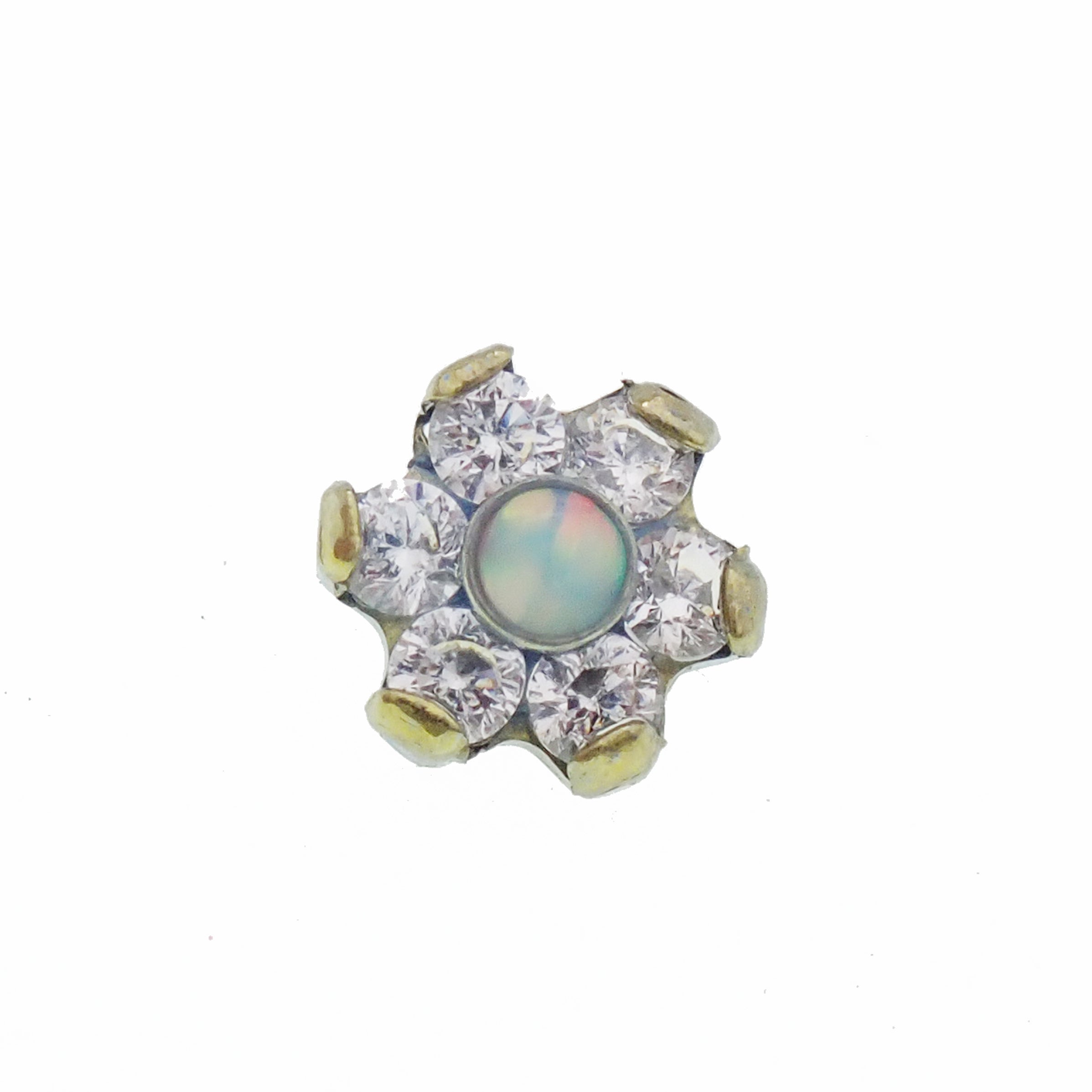 Titanium dermal top with cubic zirconia flower and opal center, 14g Body Clickers dermal piercing jewelry.