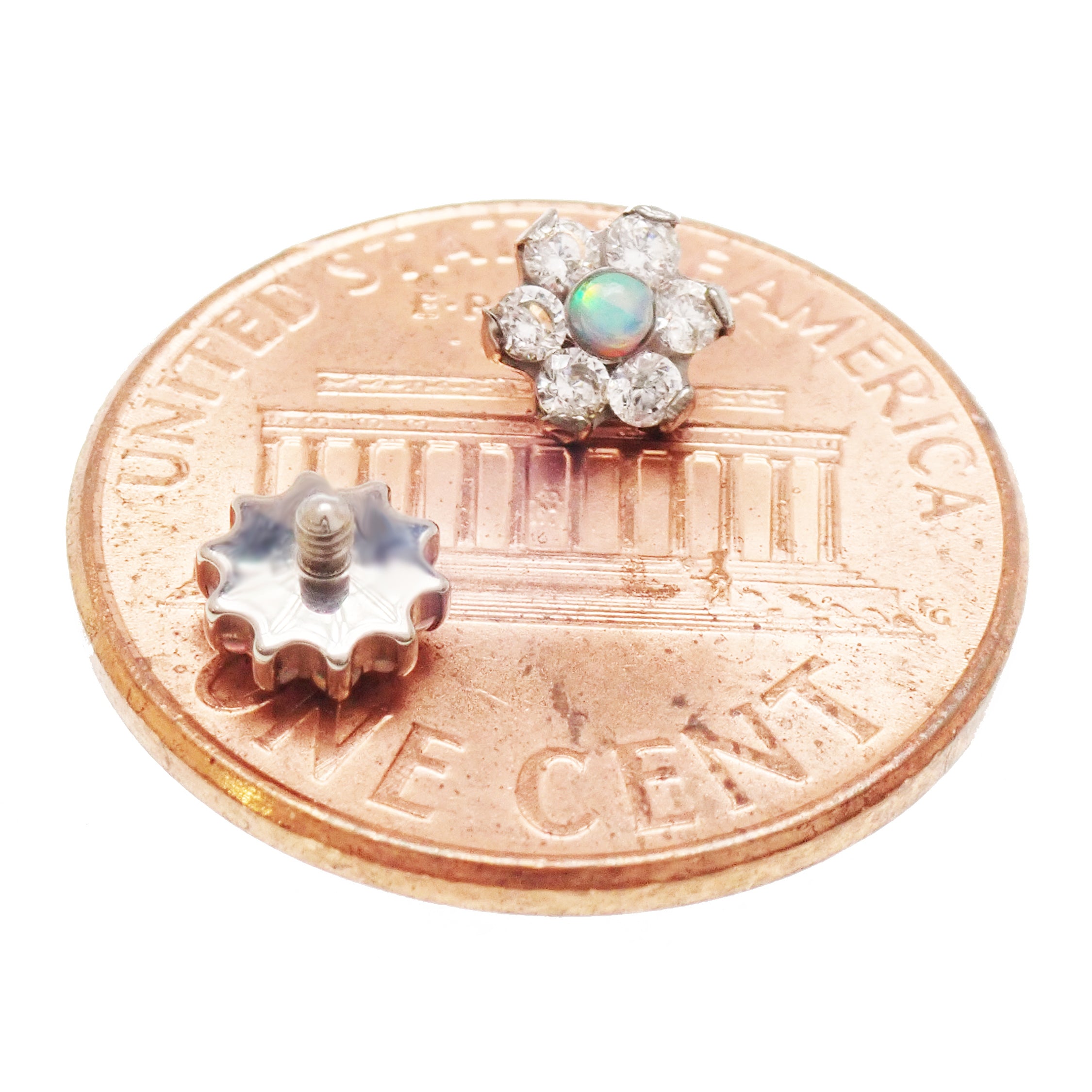 Titanium dermal top with cubic zirconia flower and opal center, 14g body jewelry by Body Clickers