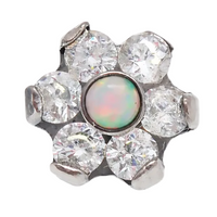 Titanium dermal top with cubic zirconia flower and opal center, 14g body piercing jewelry by Body Clickers