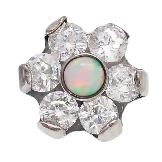Titanium dermal top with cubic zirconia flower and opal center, 14g body piercing jewelry by Body Clickers