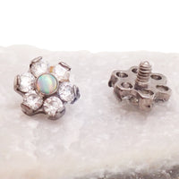 Titanium dermal top with cubic zirconia flower and opal center, 14g body jewelry by Body Clickers