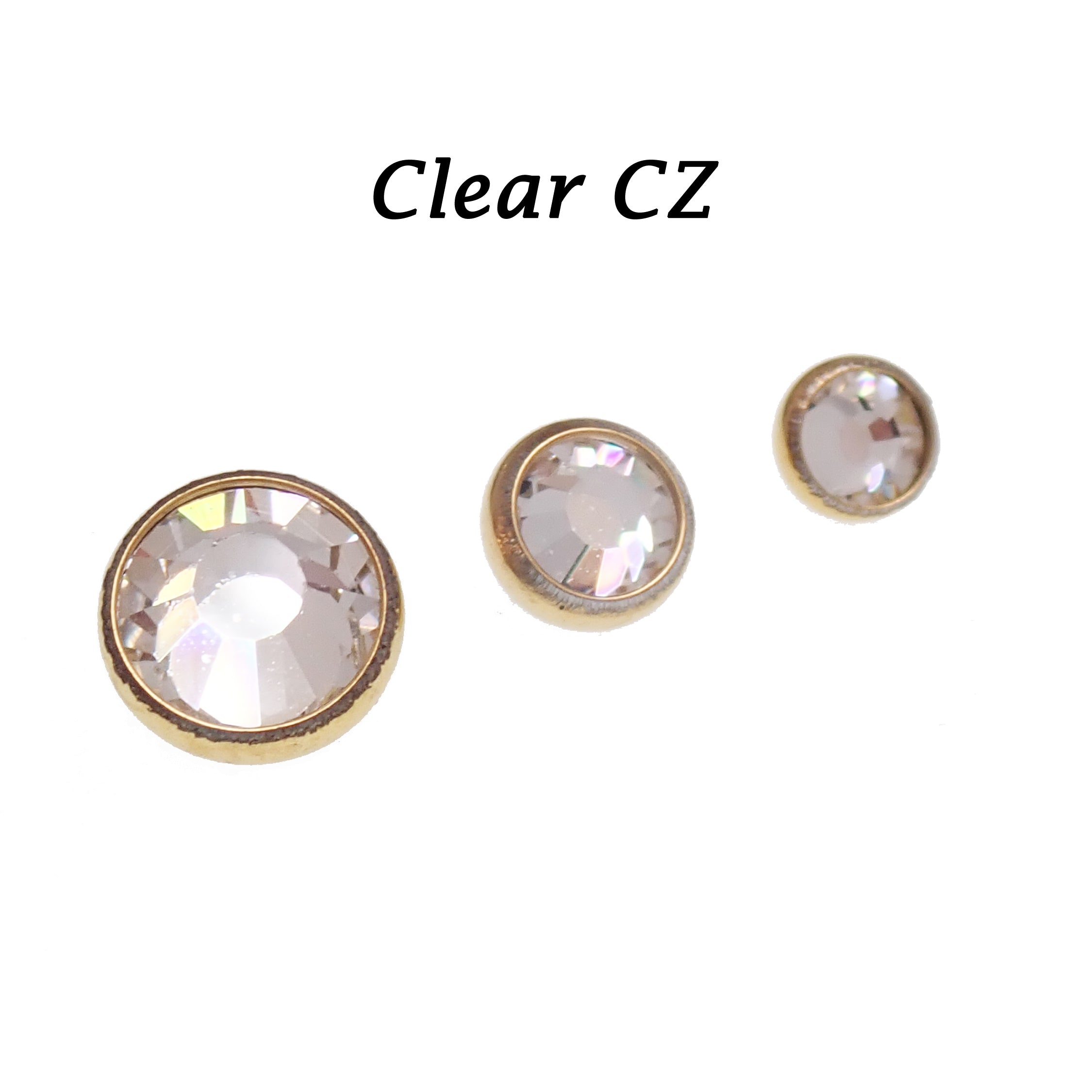 Body Clickers PVD gold clear CZ, cerise, AB rainbow implant titanium earrings, 14g, 16g, 18g, flatback, internally threaded piercing