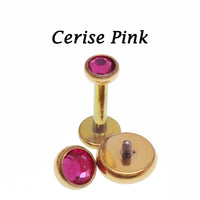 Body Clickers PVD gold clear CZ, cerise, AB rainbow internally threaded implant titanium earrings in 14g, 16g, and 18g sizes.