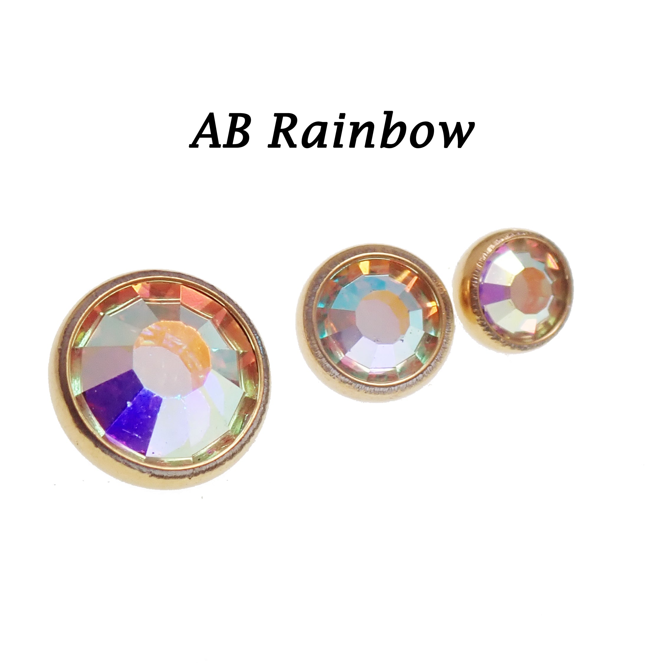 Body Clickers PVD gold clear CZ, Cerise, AB rainbow implant titanium earrings, 14g to 18g, with flatback design and rainbow finish.