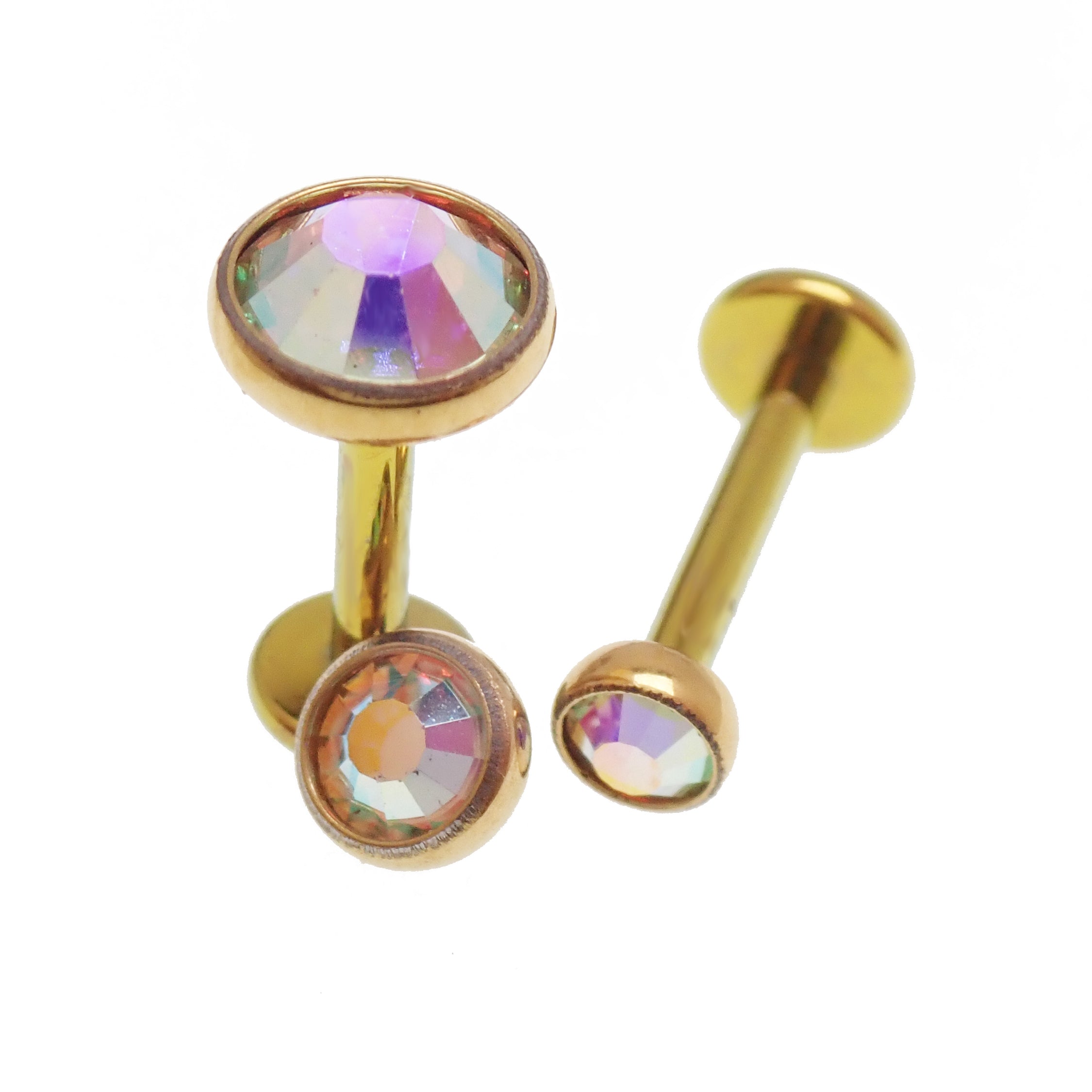 Body Clickers PVD gold clear CZ, cerise, AB rainbow implant titanium earrings, 14g-18g, internally threaded flatback design.