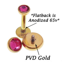 Body Clickers PVD Gold clear CZ and cerise rainbow internally threaded implant titanium earrings, available in 14g, 16g, 18g.