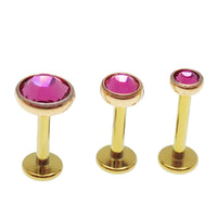 Body Clickers PVD Gold clear CZ, Cerise, AB Rainbow implant titanium earrings with flatback, 14g, 16g, 18g, internally threaded design.
