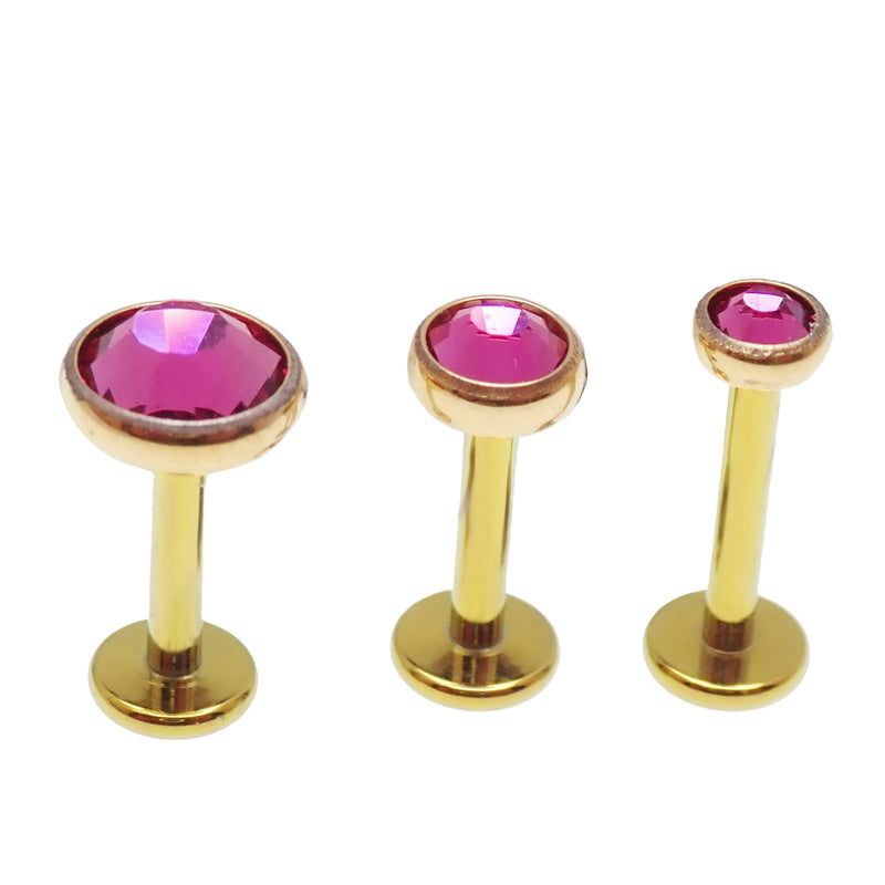 Body Clickers PVD Gold clear CZ, Cerise, AB Rainbow implant titanium earrings with flatback, 14g, 16g, 18g, internally threaded design.