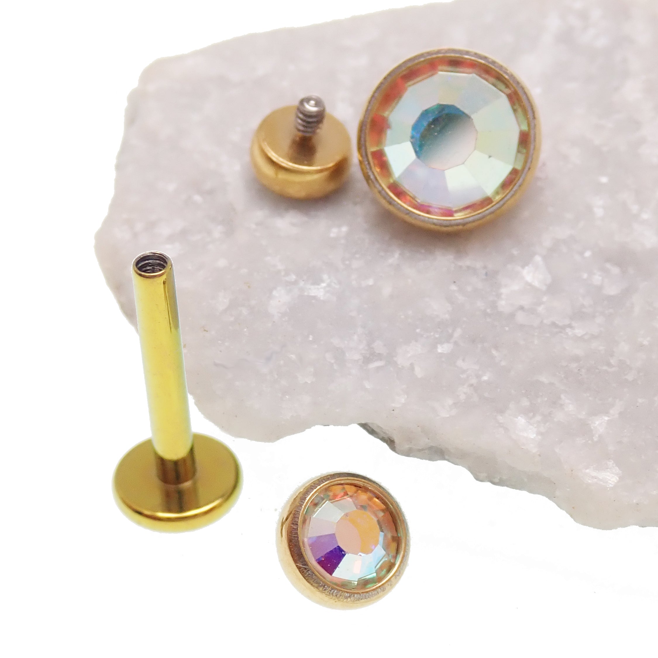 Body Clickers PVD Gold clear CZ, Cerise, AB Rainbow titanium earrings, 14g, 16g, 18g, internally threaded flatback design.