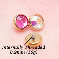 Body Clickers PVD Gold clear CZ, Cerise, AB Rainbow implant titanium earrings, 14g-18g, internally threaded flatback piercing.