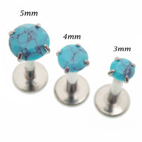 Turquoise claw set stone internally threaded titanium labret earrings in 14g, 16g, and 18g with flatback design