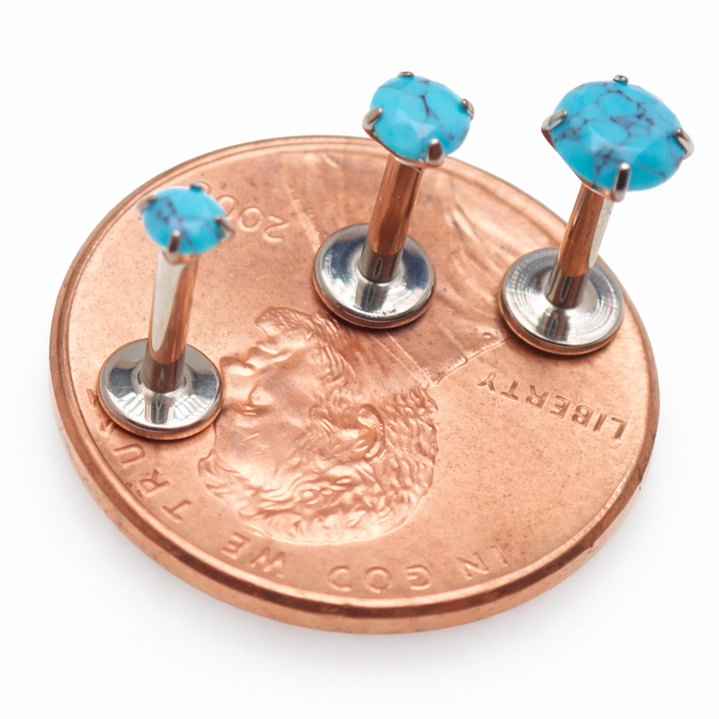 Turquoise claw set stone internally threaded titanium flatback labret piercing earrings in 14g, 16g, and 18g from Body Clickers
