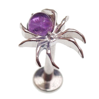 Internally threaded implant titanium Amethyst Spider & Web flatback earrings, 18g, 6mm with purple gemstone detail.