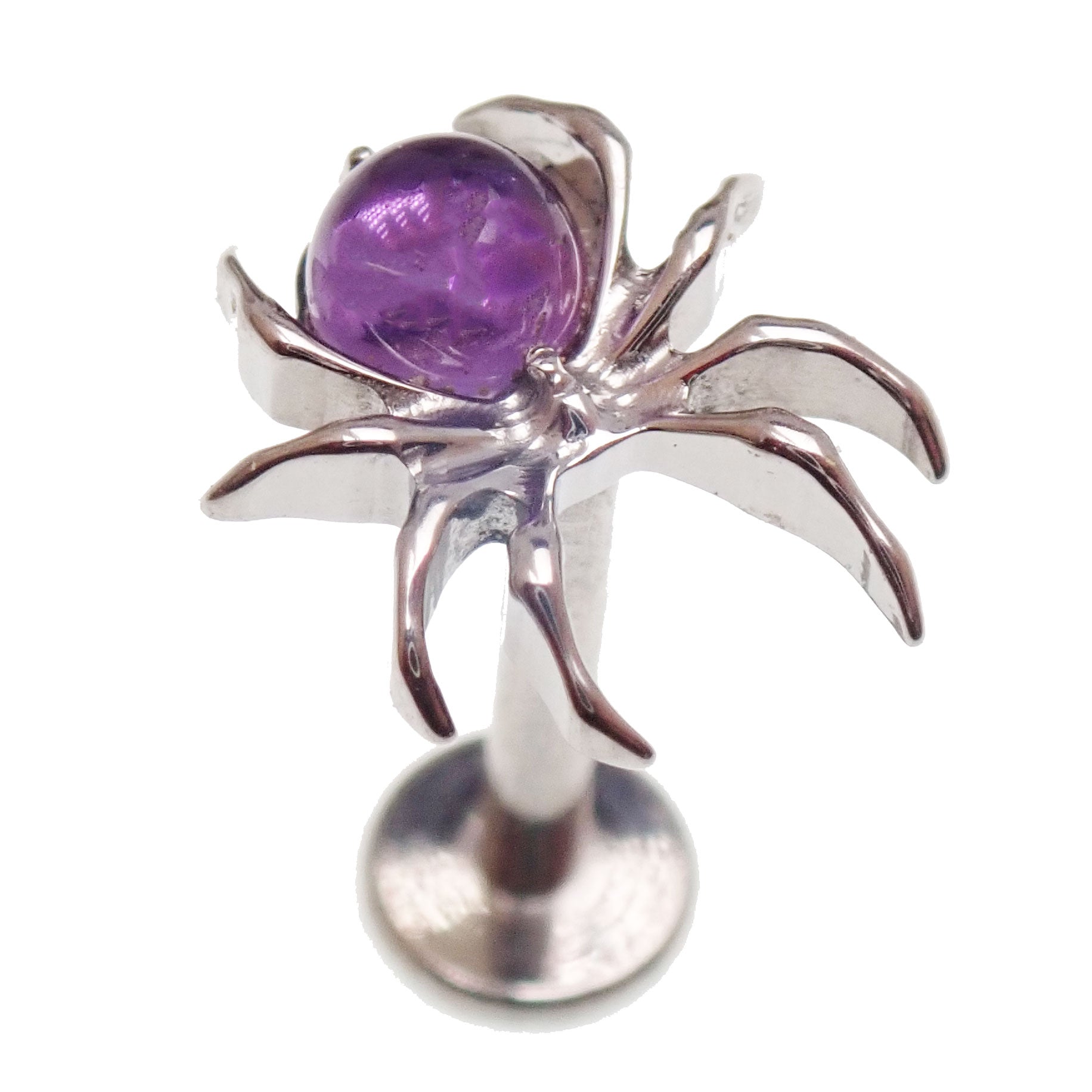 Internally threaded implant titanium Amethyst Spider & Web flatback earrings, 18g, 6mm with purple gemstone detail.