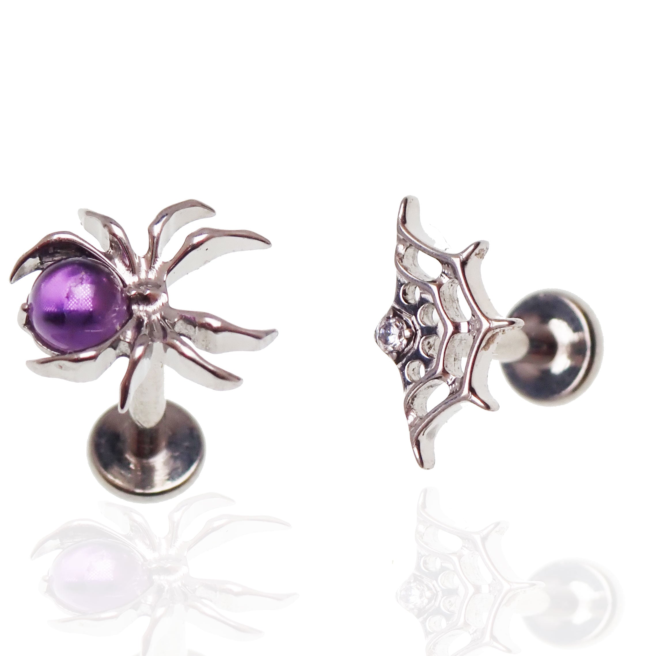 Internally threaded titanium Amethyst Spider & Web flatback earring for piercing, 0.9mm thread, from Body Clickers.