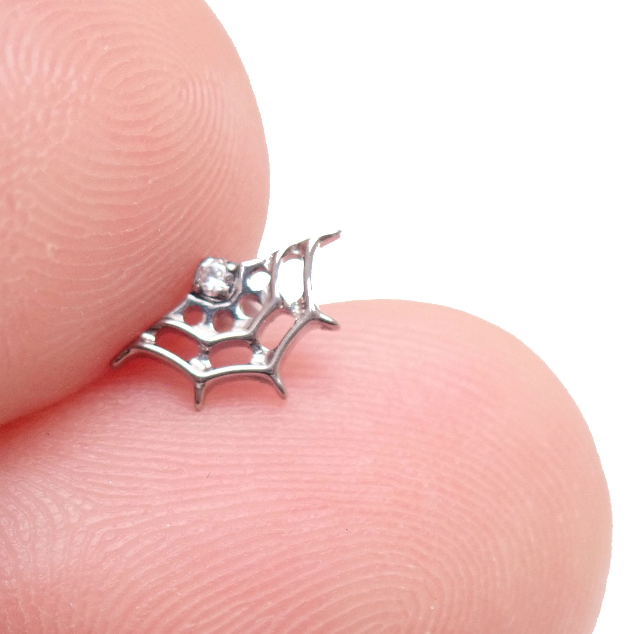 Internally threaded implant titanium Amethyst Spider & Web flatback earrings, 0.9mm thread, featuring purple spider design.