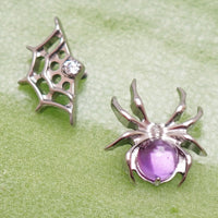 Internally threaded titanium Amethyst Spider & Web flatback earring by Body Clickers, 18g, 6mm, with purple gemstone design.