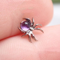 Internally threaded implant titanium earrings with amethyst spider and web design, flatback piercing, 0.9mm thread for body jewelry.