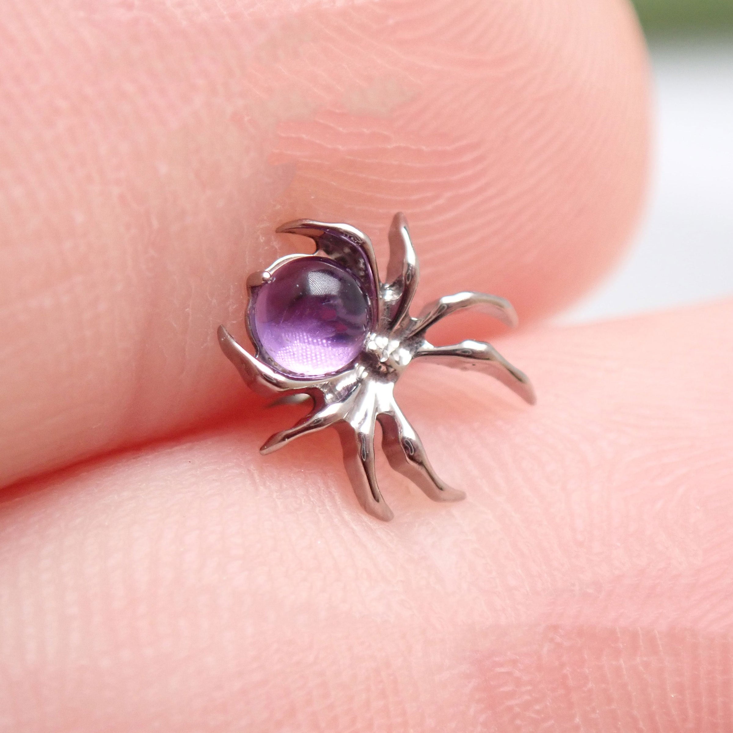 Internally threaded implant titanium earrings with amethyst spider and web design, flatback piercing, 0.9mm thread for body jewelry.