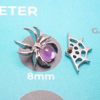 Internally threaded titanium Amethyst Spider & Web flatback earrings, 18G, 6mm with purple gemstone detail for body piercing.