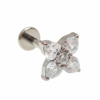 Body Clickers CZ Flower Titanium Flatback Labret Piercing earrings in 14g, 16g, 18g with clear cubic zirconia and titanium construction.