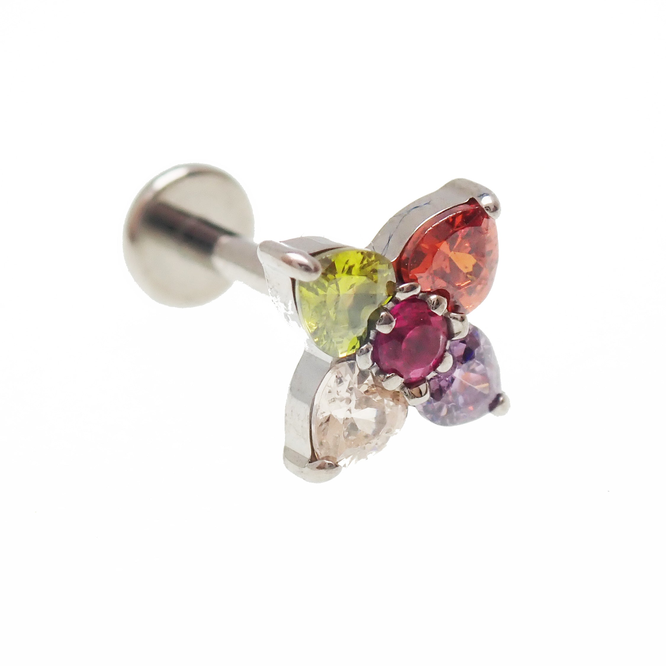Titanium flower labret piercing with clear CZ stone in 14g, 16g, or 18g, featuring a flatback design and Body Clickers branding.