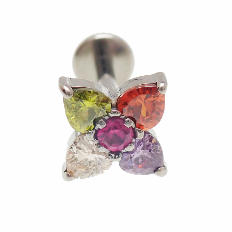 Body Clickers CZ Flower Titanium Flatback Labret Piercing in 14g, 16g, 18g with clear CZ stone and floral design.