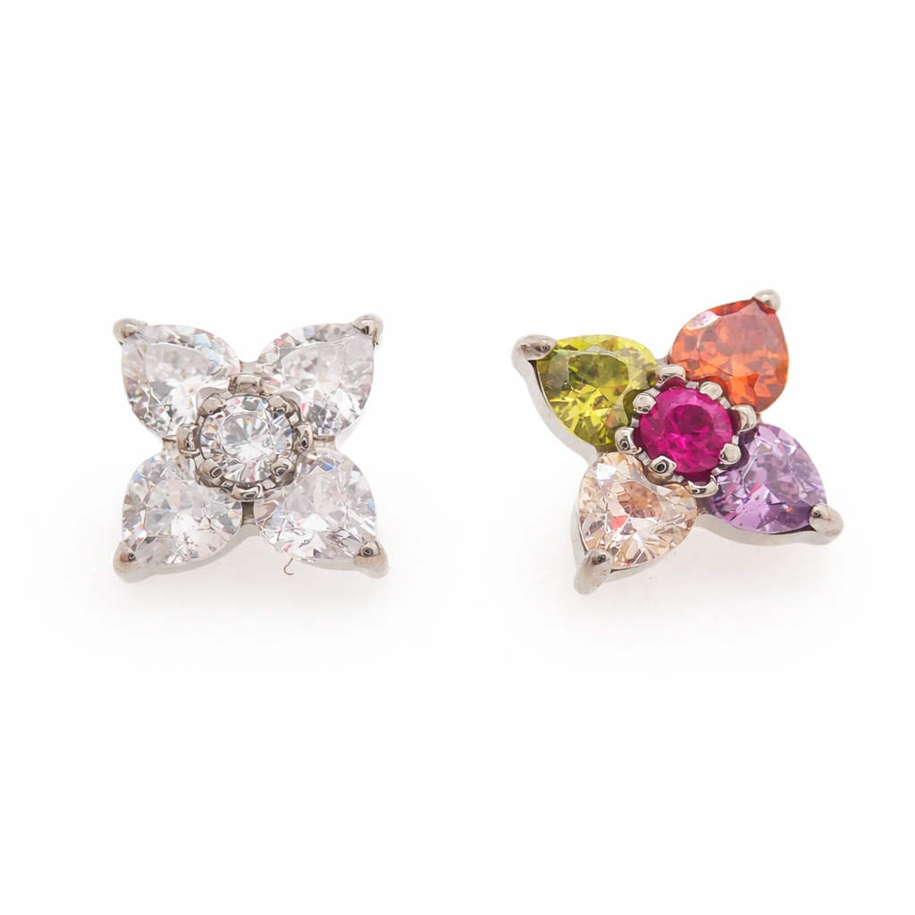 Titanium flower flatback labret piercing earrings with clear CZ stones in 14g, 16g, and 18g sizes by Body Clickers