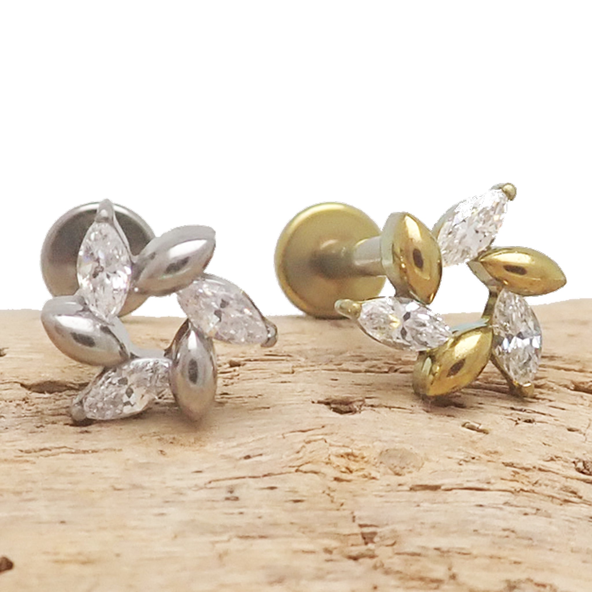Clear CZ flower petal spiral titanium flatback earrings in 14g, 16g, and 18g with a sleek, modern design for piercings.