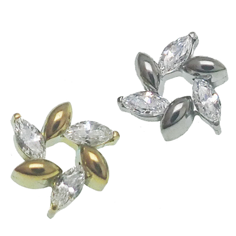 Clear CZ flower petal spiral titanium flatback earring in 14g, 16g, and 18g by Body Clickers, featuring a unique floral design.
