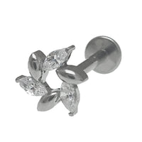 Clear CZ flower petal spiral titanium flatback earring in 14g, 16g, and 18g sizes by Body Clickers, showcasing intricate floral design.