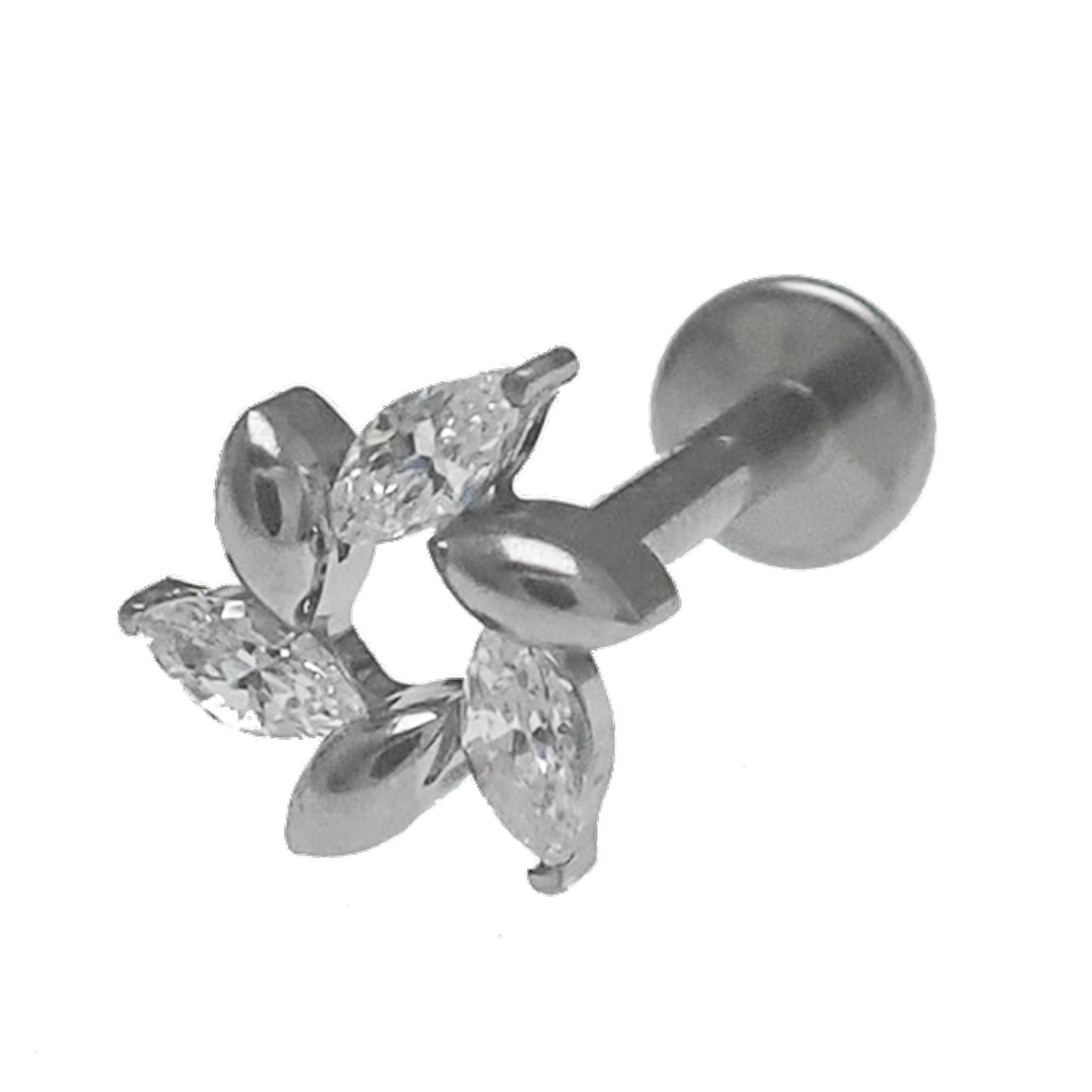 Clear CZ flower petal spiral titanium flatback earring in 14g, 16g, and 18g sizes by Body Clickers, showcasing intricate floral design.