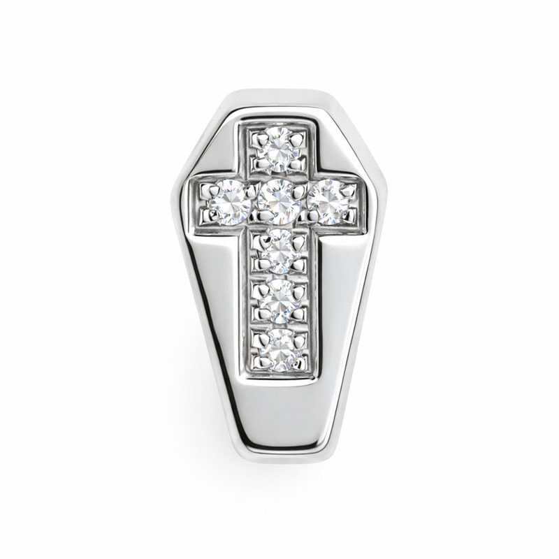 Titanium dermal body jewelry with coffin-shaped CZ cross top, 14g (1.2mm) thread, from Body Clickers Body Jewelry.