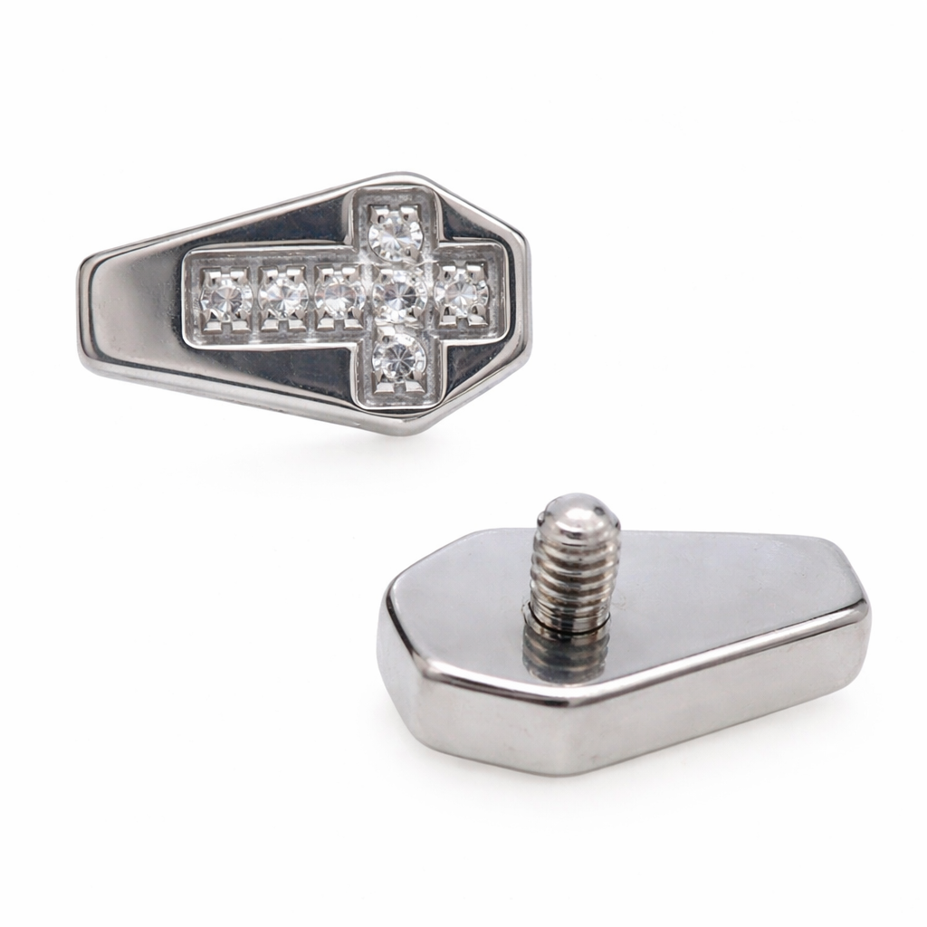 Titanium coffin CZ cross flatback labret piercing earrings in 14g, 16g, and 18g with a sleek design and gemstone detail.