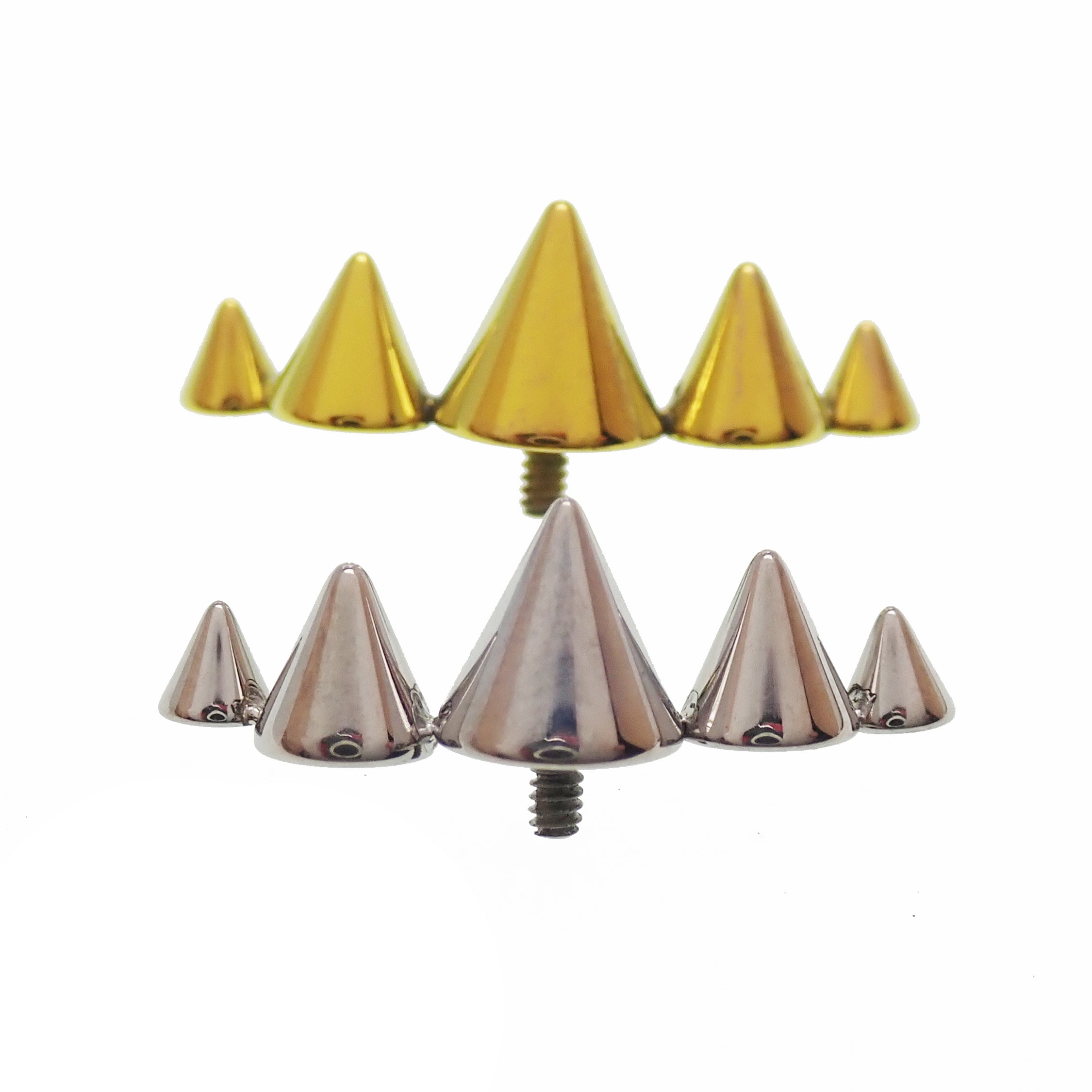 Body Clickers titanium cone spike curve implant earrings, flatback labret, internally threaded in 14g, 16g, and 18g sizes.