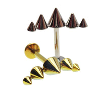 Titanium cone spike curve implant earrings with flatback labret, internally threaded, available in 14g, 16g, and 18g sizes.