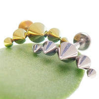 Titanium cone spike curve implant earrings with flatback, internally threaded in 14g, 16g, and 18g sizes by Body Clickers.