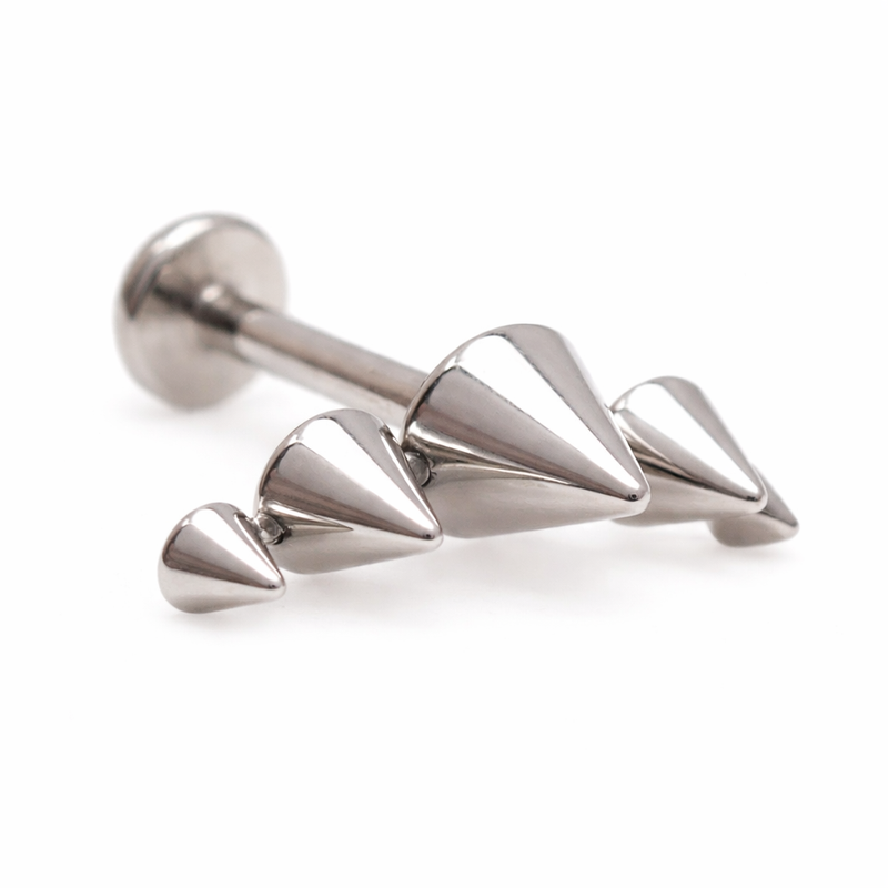 Body Clickers titanium cone spike curve implant earrings with flatback, internally threaded in 14g, 16g, and 18g sizes.
