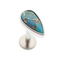 Copper turquoise flatback labret piercing earrings by Body Clickers in 14g, 16g, and 18g gauges with turquoise accents.